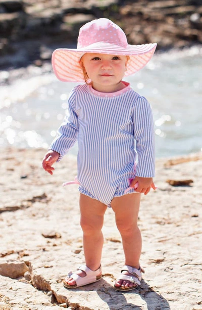 Rufflebutts Seersucker One-piece Rashguard Swimsuit & Hat Set In Periwinkle Seersucker