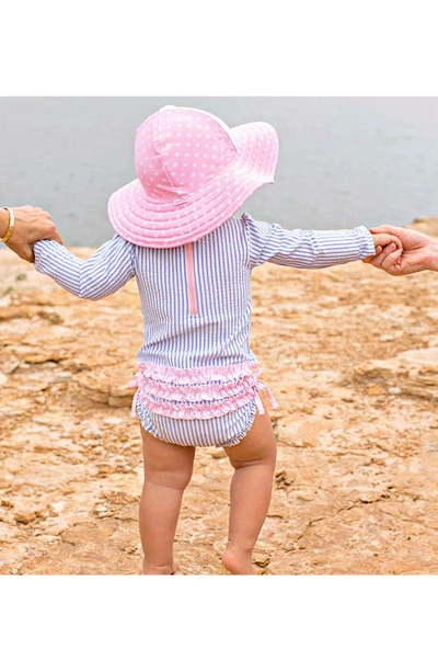 Rufflebutts Seersucker One-piece Rashguard Swimsuit & Hat Set In Periwinkle Seersucker