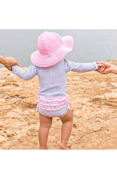 Rufflebutts Seersucker One-piece Rashguard Swimsuit & Hat Set In Periwinkle Seersucker