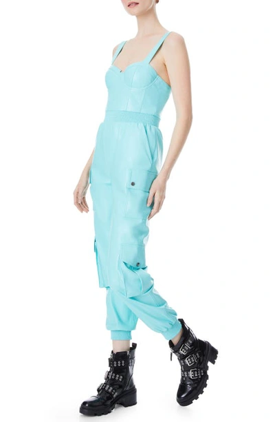 Shop Alice And Olivia Frida Faux Leather Bustier Cargo Jumpsuit In Aqua Blue