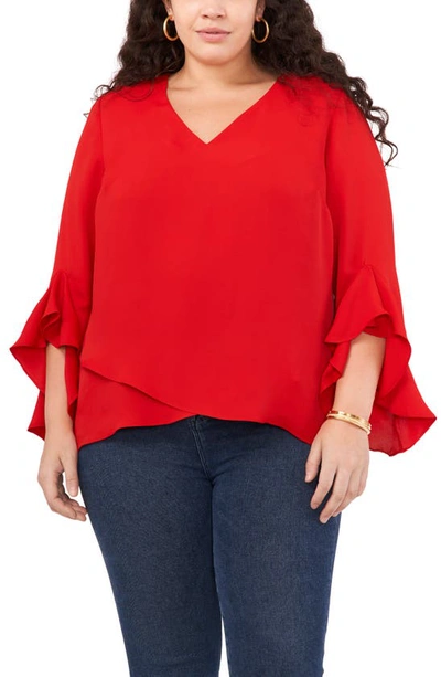 Shop Vince Camuto Flutter Sleeve Crossover Georgette Tunic Top In Ultra Red