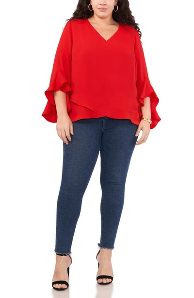 Shop Vince Camuto Flutter Sleeve Crossover Georgette Tunic Top In Ultra Red