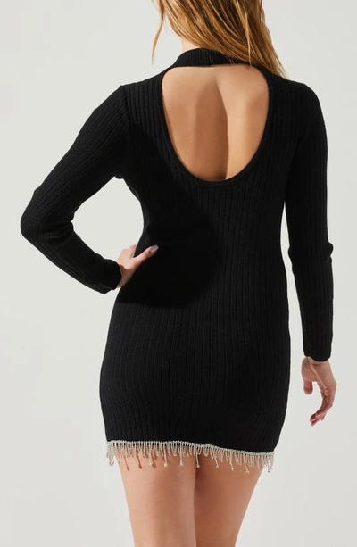 Shop Astr The Label Flippa Embellished Fringe Long Sleeve Sweater Minidress In Black