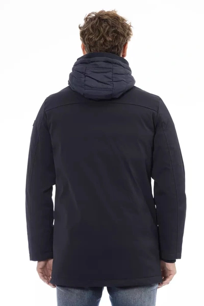 Shop Baldinini Trend Sophisticated Blue Long Jacket With Monogram Men's Detail