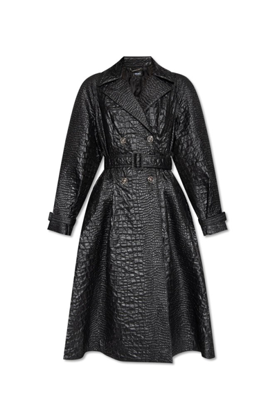 Shop Versace Embossed Belted Trench Coat In Black