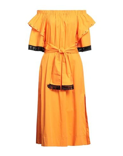 Shop Clips More Woman Midi Dress Orange Size 10 Cotton, Polyamide, Elastane