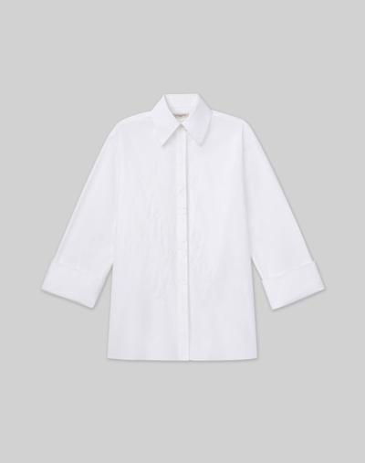 Shop Lafayette 148 Plus-size Embroidered Rose Organic Cotton Poplin Oversized Shirt In White