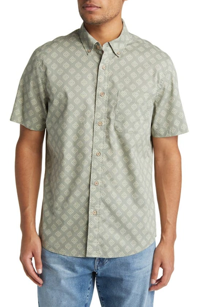 Shop Faherty X Doug Good Feather Playa Regular Fit Print Short Sleeve Button-down Shirt In Sage Sand Diamond