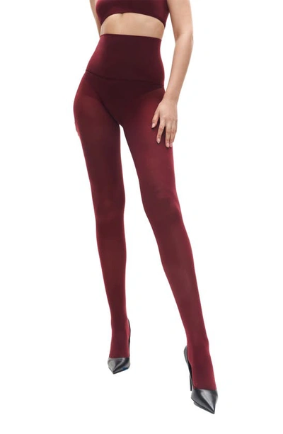 Shop Heist The Eighty High Opaque Tights In Burgundy
