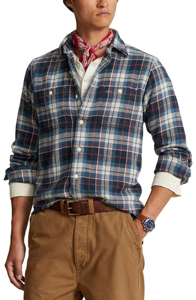 Shop Polo Ralph Lauren Plaid Flannel Button-up Shirt In Navy/ Off White Multi