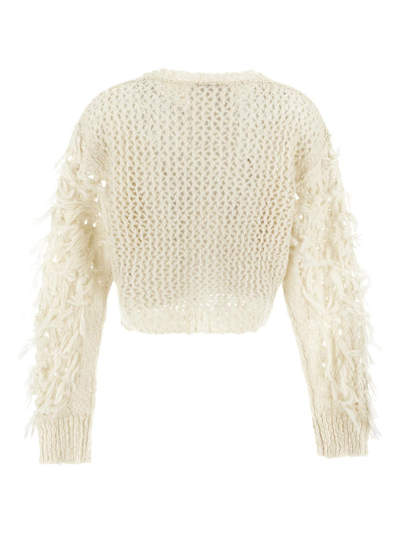 Shop Semicouture Sweater With Fringes In Cream