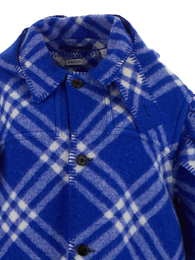 Shop Burberry Check Wool Blanket Cape In Blue
