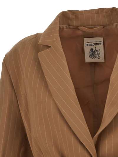 Shop Semicouture Pinstripe Jacket With Belt In Beige