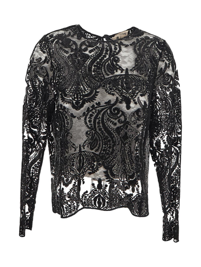 Shop Semicouture Lace And Sequin Shirt In Black