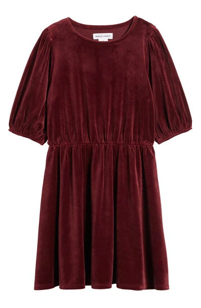 Shop Melrose And Market Kids' Puff Sleeve Velour Dress In Burgundy Royale