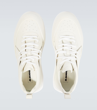 Jil Sander Orb White Low Top Sneakers With Cleated Sole In Leather In White