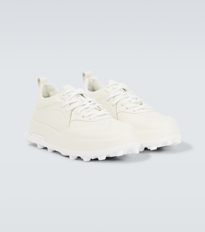 Jil Sander Orb White Low Top Sneakers With Cleated Sole In Leather In White