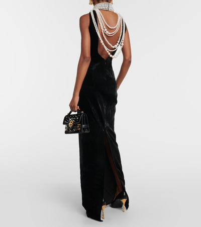 Shop Balmain Pearl-embellished Velvet Gown In Black