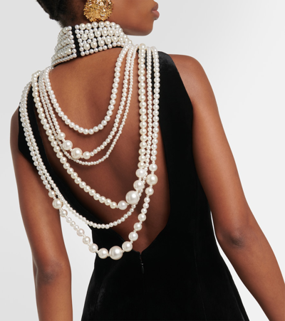Shop Balmain Pearl-embellished Velvet Gown In Black
