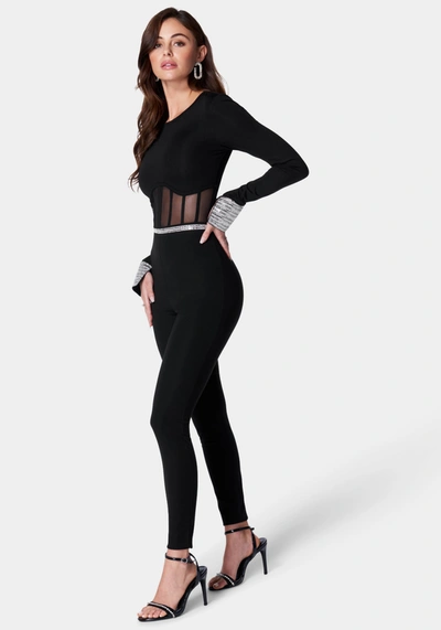 Bebe Embellished Corset Detail Catsuit In Jet Black,silver