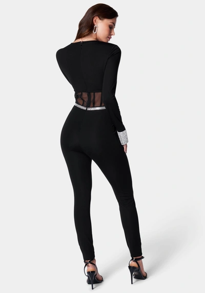 Bebe Embellished Corset Detail Catsuit In Jet Black,silver