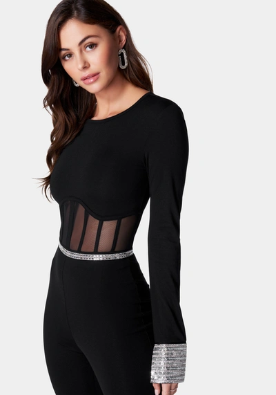 Bebe Embellished Corset Detail Catsuit In Jet Black,silver