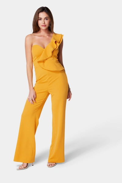 Shop Bebe One Shoulder Ruffle Crepe Jumpsuit In Yellow