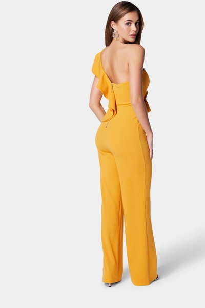 Shop Bebe One Shoulder Ruffle Crepe Jumpsuit In Yellow
