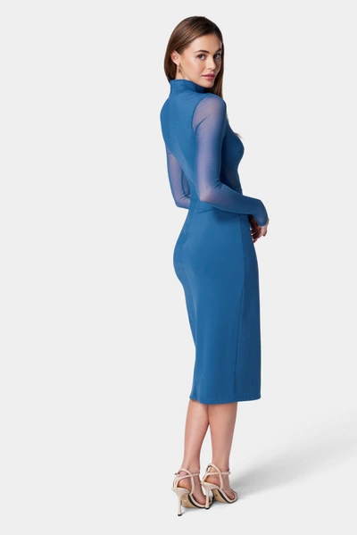 Bebe Mesh Inset Long Sleeve Midi Dress In Blue Opal