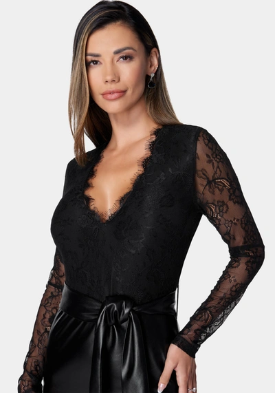 Shop Bebe Vegan Leather Lace Midi Dress In Jet Black