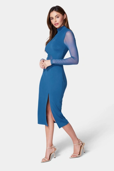 Bebe Mesh Inset Long Sleeve Midi Dress In Blue Opal