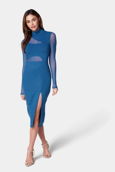 Bebe Mesh Inset Long Sleeve Midi Dress In Blue Opal