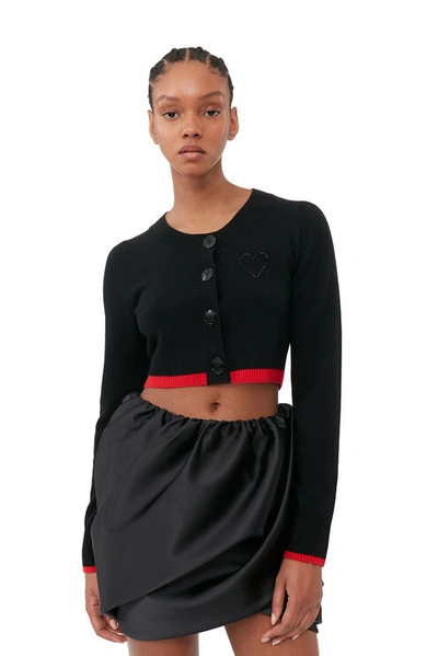 Shop Ganni Long Sleeve O-neck Cropped Cardigan In Black