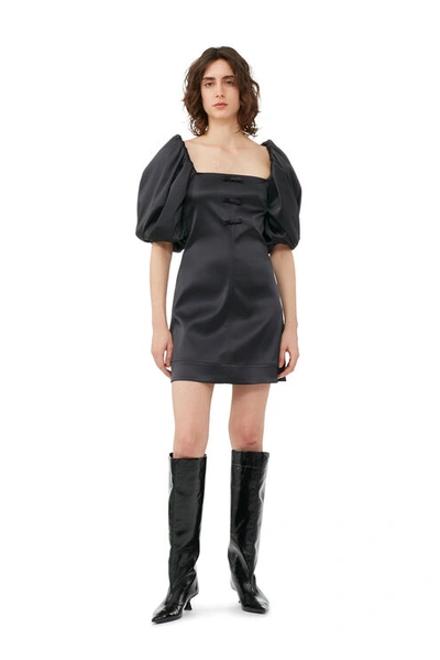 Shop Ganni Black Short Sleeve Satin Mini Dress Size 16 Elastane/recycled Polyester Women's