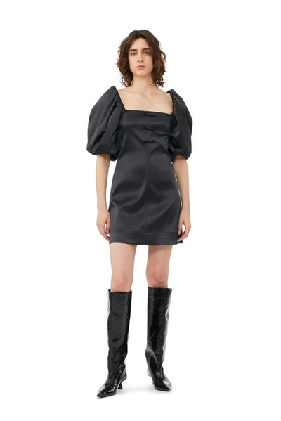 Ganni Off-the-shoulder Bow-detailed Satin Mini Dress In Black