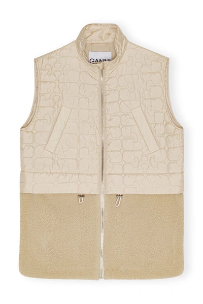 Shop Ganni Ripstop Quilt Fleece Vest In Oyster Gray