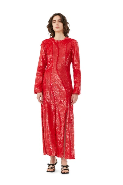 Shop Ganni Long Sleeve Sequins Maxi Dress In Red