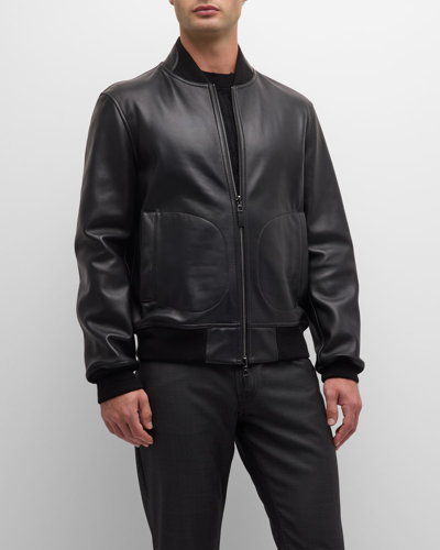 Shop Emporio Armani Men's Leather Full-zip Bomber Jacket In Solid Black