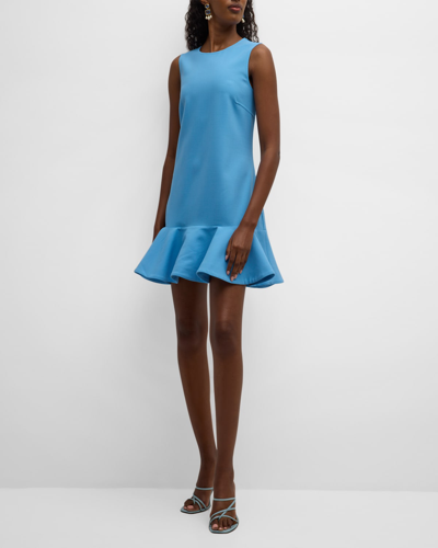 Shop Oscar De La Renta Jewel-neck Drop-waist Ruffle Sleeveless Mini Dress In Powder Blue