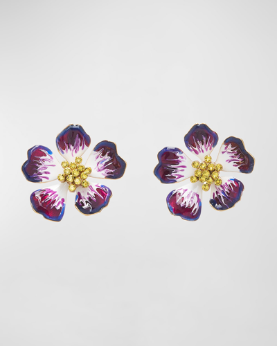 Shop Oscar De La Renta Hand-painted Flower Earrings In Purple