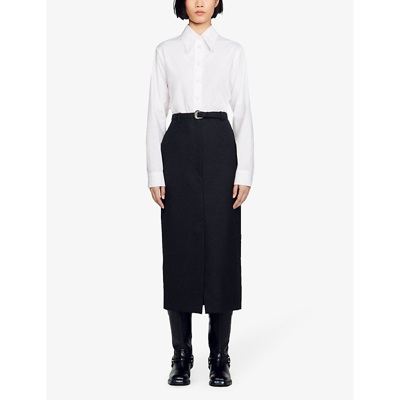 Shop Sandro Women's Noir / Gris Davis High-rise Belted Stretch-woven Pencil Skirt