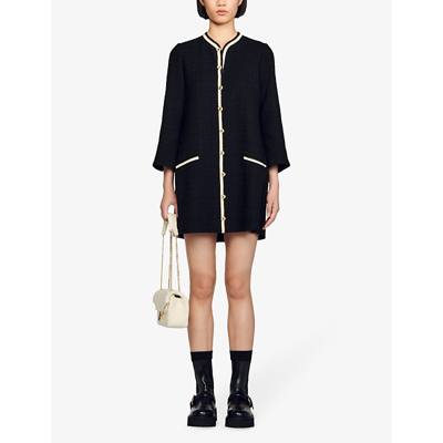 Shop Sandro Womens Noir / Gris Eva Wide-sleeve Tweed Cotton-blend Mini Dress