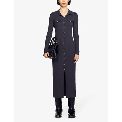 Shop Sandro Women's Noir / Gris Zina Button-embellished Ribbed Cotton Maxi Dress