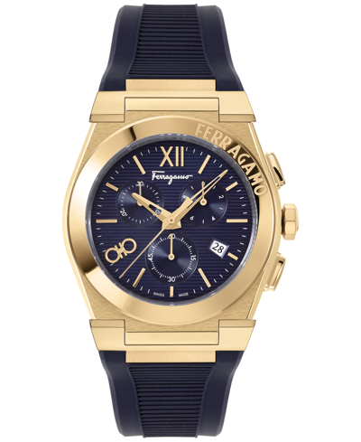 Shop Ferragamo Men's Swiss Chronograph Vega Blue Silicone Strap Watch 42mm In Ip Yellow Gold