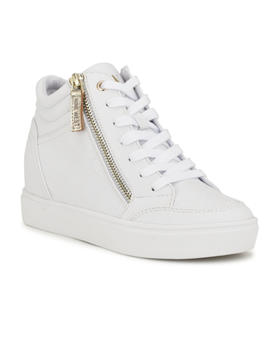 Shop Nine West Women's Tons High Top Hidden Wedge Sneakers In Embossed White,gold - Faux Leather