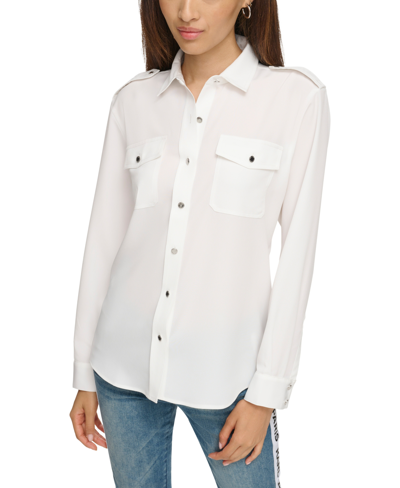 Shop Karl Lagerfeld Women's Epaulette Button Up Shirt In Soft White