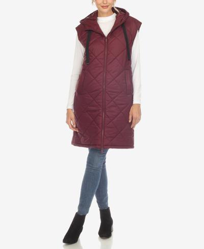 Shop White Mark Women's Diamond Quilted Hooded Long Puffer Vest Jacket In Burgundy