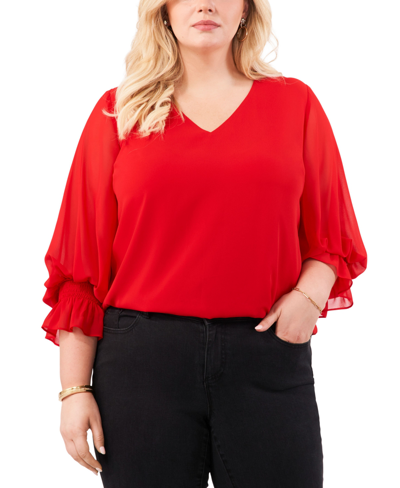 Shop Vince Camuto Plus Size Blouson-sleeve V-neck Blouse In Ultra Red