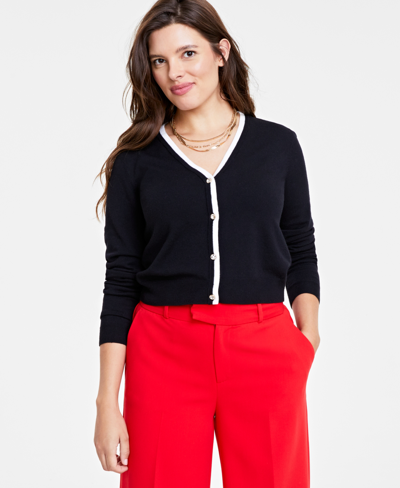 Shop On 34th Women's Tipped V-neck Cardigan, Created For Macy's In Deep Black