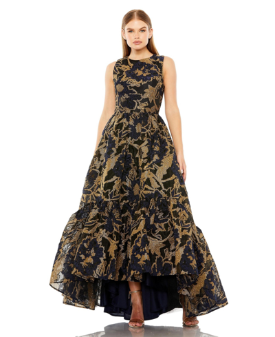 Shop Mac Duggal Women's Sleeveless Full High Low Brocade Gown In Midnight Gold